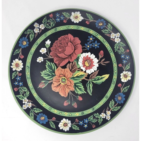 Vintage Vera Bradley Plate Decor Floral Black Hand painted 1990s - Picture 1 of 3